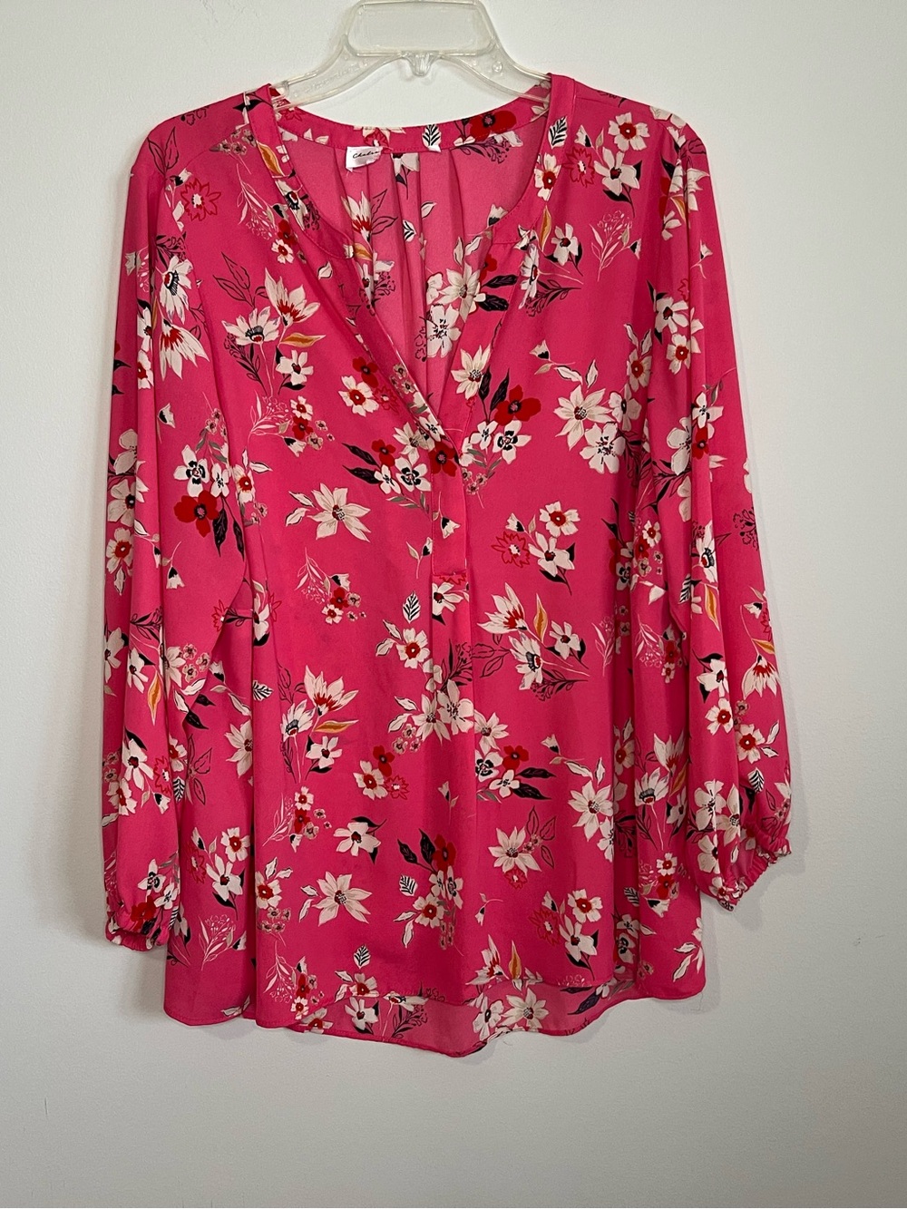 Floral V-Neck Long-Sleeve Blouse - Bright Pink